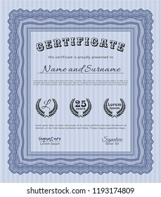 Blue Certificate template. With great quality guilloche pattern. Sophisticated design. Detailed. 