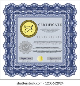 Blue Certificate template. With great quality guilloche pattern. Detailed. Money Pattern. 