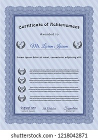 Blue Certificate template. With great quality guilloche pattern. Vector illustration. Money Pattern design. 