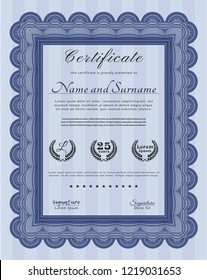 Blue Certificate template. With great quality guilloche pattern. Customizable, Easy to edit and change colors. Retro design. 