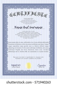 Blue Certificate template. With great quality guilloche pattern. Vector illustration. Artistry design. 