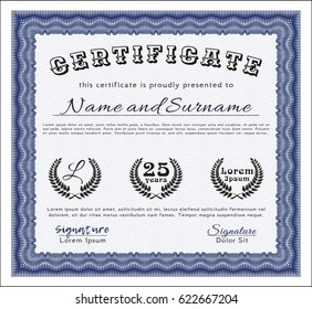 Blue Certificate template. With great quality guilloche pattern. Customizable, Easy to edit and change colors. Excellent design. 