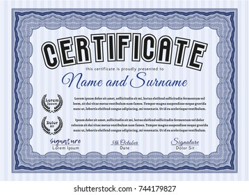 Blue Certificate template. With great quality guilloche pattern. Detailed. Modern design. 