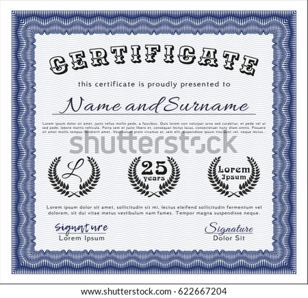 Blue Certificate template. With great quality guilloche pattern. Customizable, Easy to edit and change colors. Excellent design. 