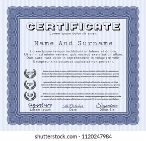 Blue Certificate template. With guilloche pattern and background. Vector illustration. Artistry design. 
