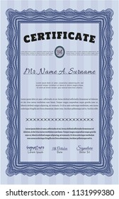 Blue Certificate template. With guilloche pattern and background. Lovely design. Vector illustration. 