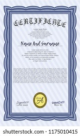 Blue Certificate template. With guilloche pattern. Excellent design. Vector illustration. 