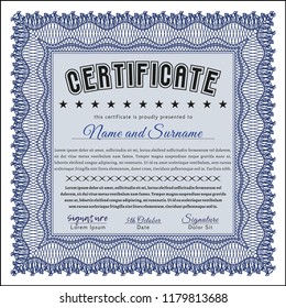 Blue Certificate template. With guilloche pattern and background. Customizable, Easy to edit and change colors. Excellent design. 