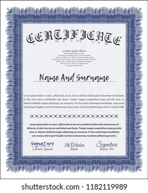 Blue Certificate template. With guilloche pattern and background. Customizable, Easy to edit and change colors. Elegant design. 