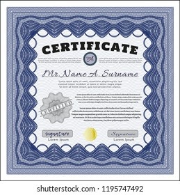 Blue Certificate template. With guilloche pattern. Good design. Customizable, Easy to edit and change colors. 