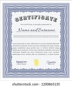 Blue Certificate template. With guilloche pattern and background. Detailed. Modern design. 