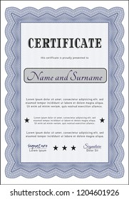 Blue Certificate template. With guilloche pattern and background. Cordial design. Detailed. 