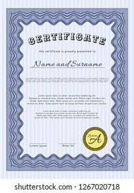 Blue Certificate template. With guilloche pattern. Vector illustration. Money design. 