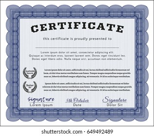 Blue Certificate template. With guilloche pattern and background. Detailed. Money Pattern. 