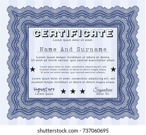 Blue Certificate template. With guilloche pattern and background. Vector illustration. Money Pattern. 