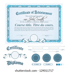 Blue certificate template. Horizontal. Additional design elements.