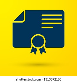 Blue Certificate template icon isolated on yellow background. Degree icon. Achievement, award, grant, diploma concepts. Business success certificate. Vector Illustration