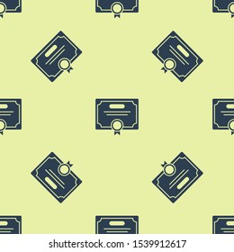 Blue Certificate template icon isolated seamless pattern on yellow background. Achievement, award, degree, grant, diploma. Business success certificate.  Vector Illustration