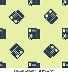 Blue Certificate template icon isolated seamless pattern on yellow background. Achievement, award, degree, grant, diploma. Business success certificate.  Vector Illustration