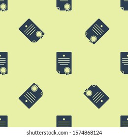 Blue Certificate template icon isolated seamless pattern on yellow background. Achievement, award, degree, grant, diploma. Business success certificate.  Vector Illustration