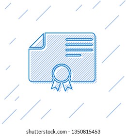 Blue Certificate template line icon isolated on white background. Achievement, award, degree, grant, diploma concepts. Business success certificate. Vector Illustration
