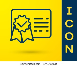 Blue Certificate template line icon isolated on yellow background. Achievement, award, degree, grant, diploma concepts. Business success certificate. Vector Illustration