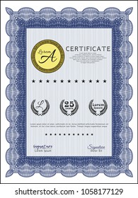    Blue Certificate template. With linear background. Detailed. Beauty design. 