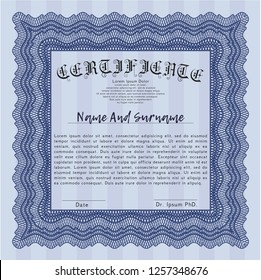 Blue Certificate template. With linear background. Vector illustration. Lovely design. 