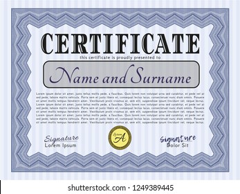 Blue Certificate template. Lovely design. Detailed. With background. 