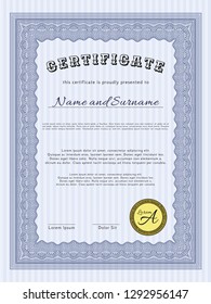 Blue Certificate template. Lovely design. Detailed. With complex background. 