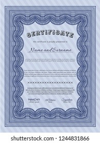 Blue Certificate template. Money design. With complex linear background. Detailed. 