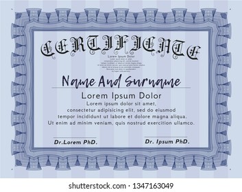 Blue Certificate template. Money design. Vector illustration. With complex linear background. 