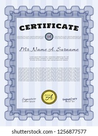 Blue Certificate template. Money Pattern design. With guilloche pattern. Detailed. 