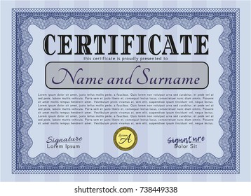 Blue Certificate template. Money Pattern. With guilloche pattern and background. Customizable, Easy to edit and change colors. 