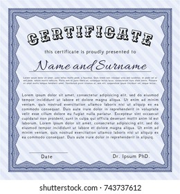 Blue Certificate template. Money Pattern. With guilloche pattern. Vector illustration. 