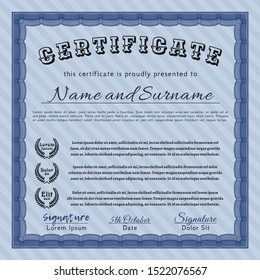 Blue Certificate template. Nice design. Detailed. With guilloche pattern and background. 