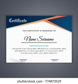 Blue Certificate template with orange strip in vector for achievement, Certificate Design Template in Modern Style - vector