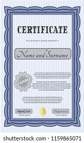 Blue Certificate template. Perfect design. Printer friendly. Vector illustration. 