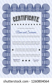 Blue Certificate template. Perfect design. Vector illustration. With guilloche pattern and background. 