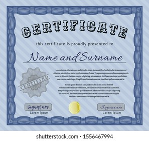 Blue Certificate template. Perfect design. Vector illustration. Printer friendly. 