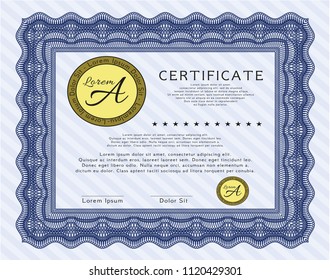 Blue Certificate template. Retro design. Vector illustration. With linear background. 