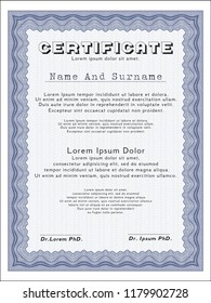 Blue Certificate template. Retro design. With linear background. Detailed. 