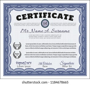 Blue Certificate template. Retro design. Vector illustration. With linear background. 