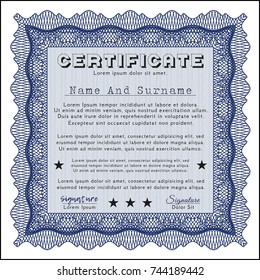 Blue Certificate template. Retro design. Detailed. With guilloche pattern. 