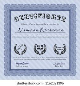 Blue Certificate template. Sophisticated design. With complex background. Detailed. 