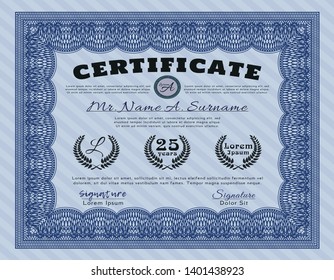 Blue Certificate template. Sophisticated design. With guilloche pattern. Customizable, Easy to edit and change colors. 