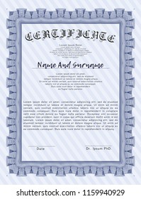 Blue Certificate template. Superior design. Easy to print. Customizable, Easy to edit and change colors. 