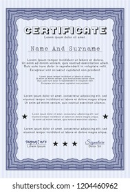Blue Certificate template. Superior design. Detailed. With guilloche pattern and background. 