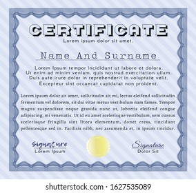 Blue Certificate template. Superior design. Vector illustration. With great quality guilloche pattern. 