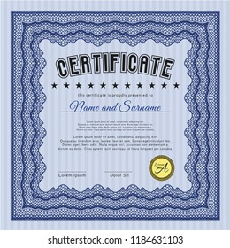 Blue Certificate template. Vector illustration. Printer friendly. Beauty design. 